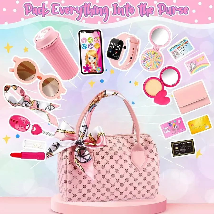 Realistic Girl Handbag Toy Set, Colorful Pretend Play Accessories, Includes Phone Wallet Makeup Toys, Perfect Birthday Gift for Girls(This product is available in multiple options.100mah Button Battery)