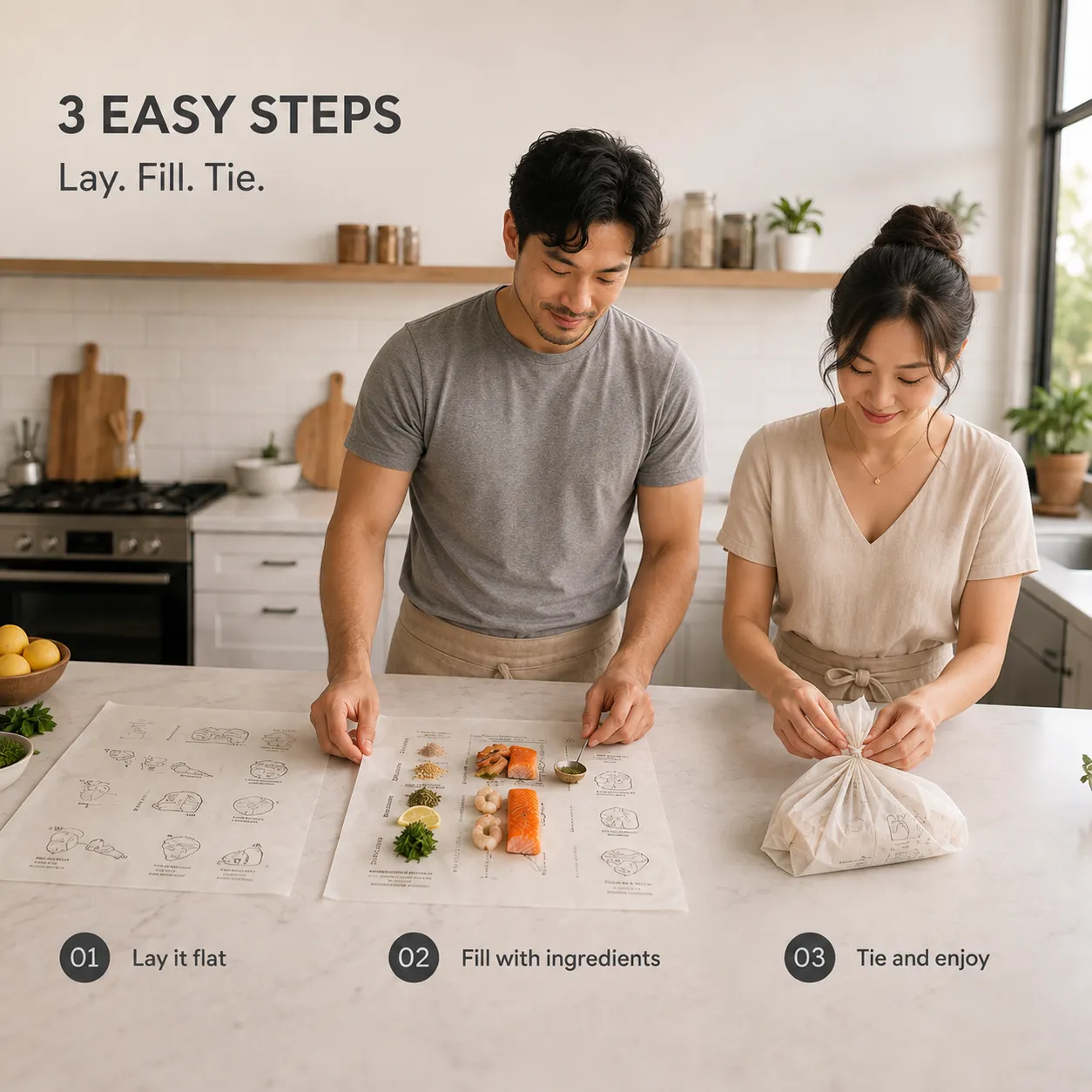 Three steps for using recipe printed parchment paper