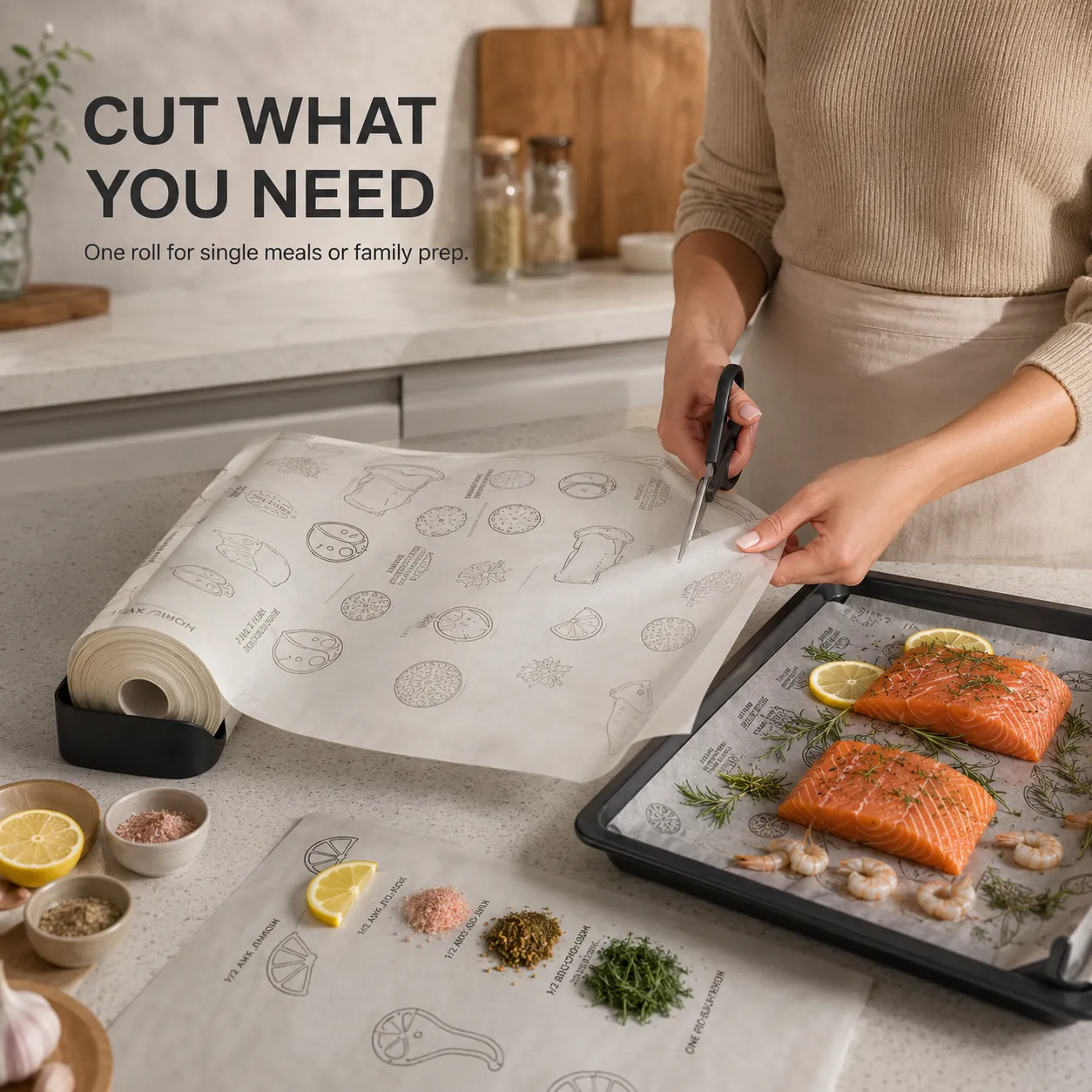 Cuttable recipe printed parchment paper roll