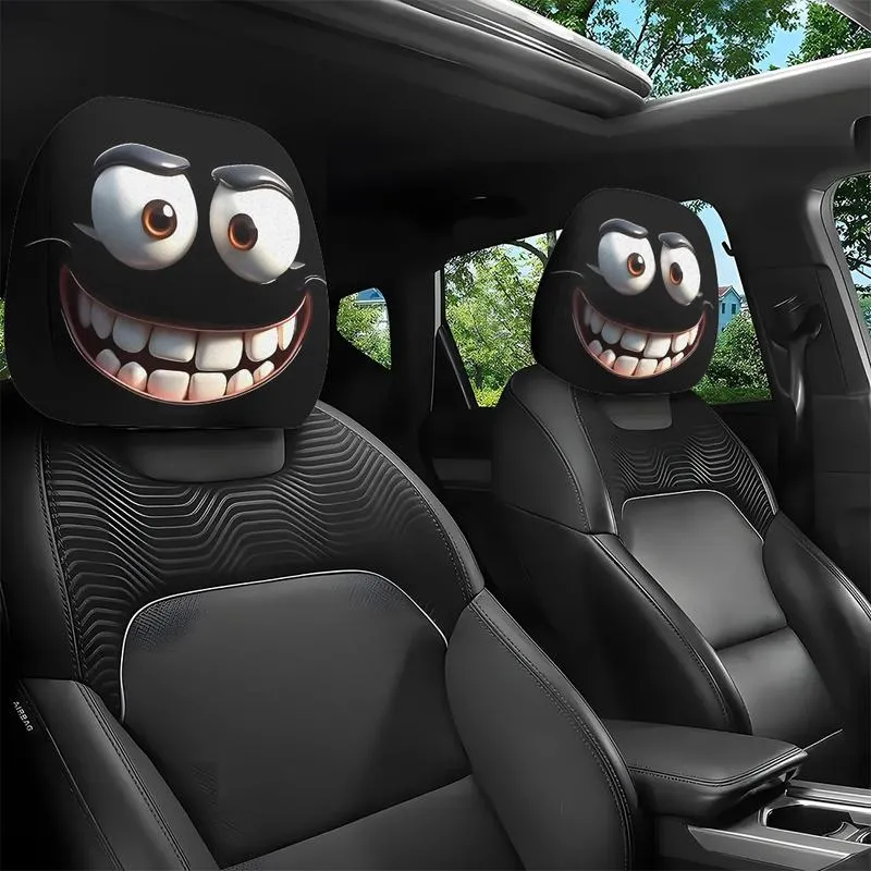 Funny Cartoon Car Headrest Covers – 2PCS 2D Universal Fit - Cheerful Face / 1 Pair
